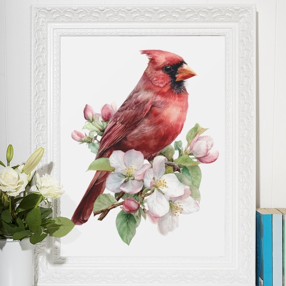 Watercolor Red Cardinal Bird with Flowers Wall Art Print Unframed - Picture 6 of 6